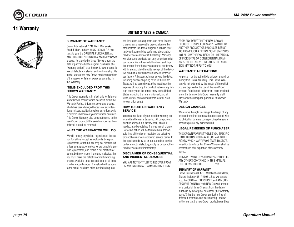 11 warranty | Crown Audio MA-2402 User Manual | Page 28 / 36