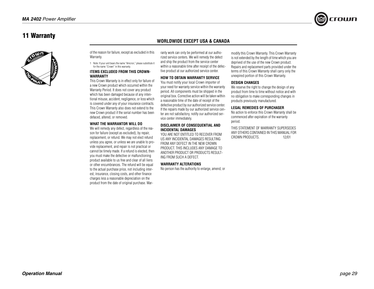 11 warranty | Crown Audio MA-2402 User Manual | Page 29 / 36
