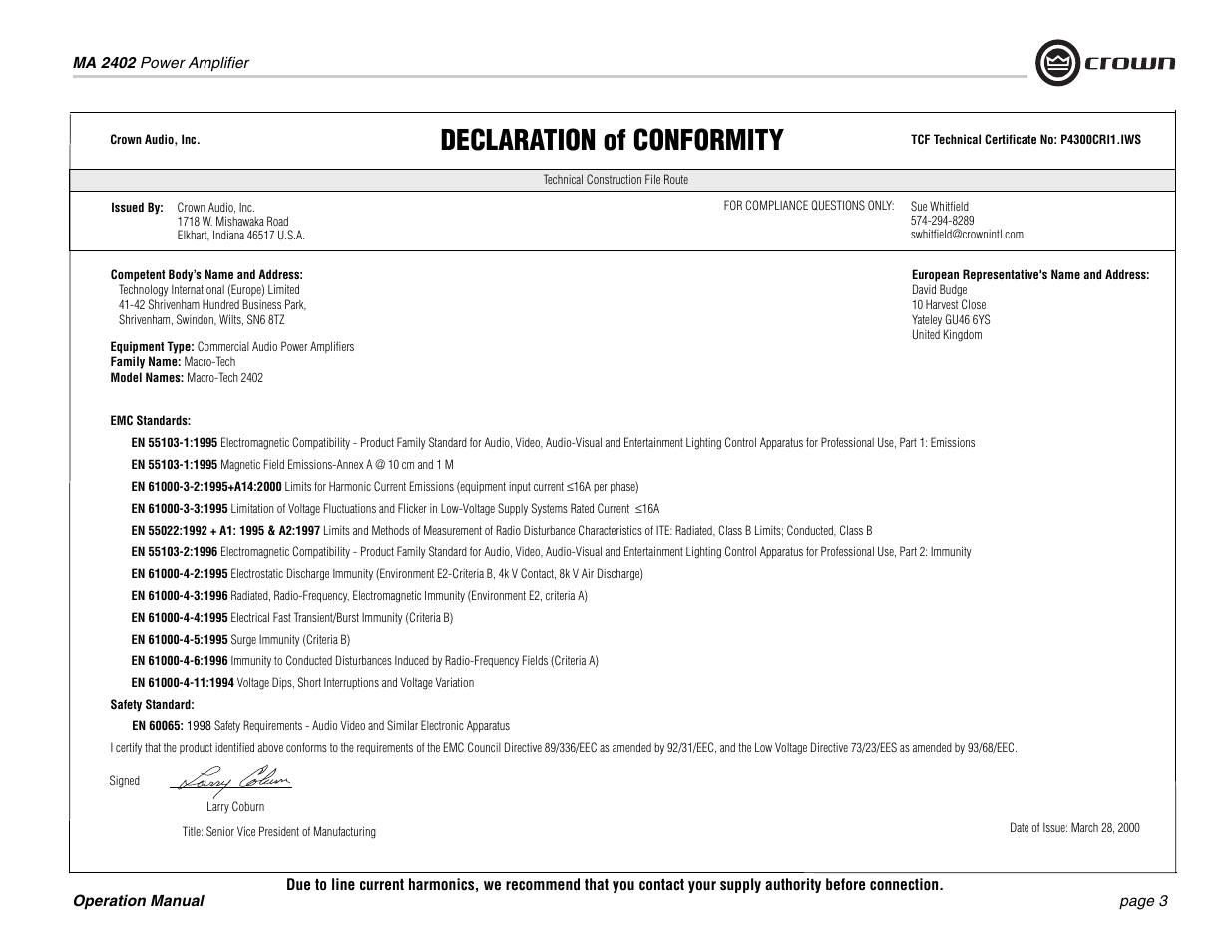 Declaration of conformity | Crown Audio MA-2402 User Manual | Page 3 / 36