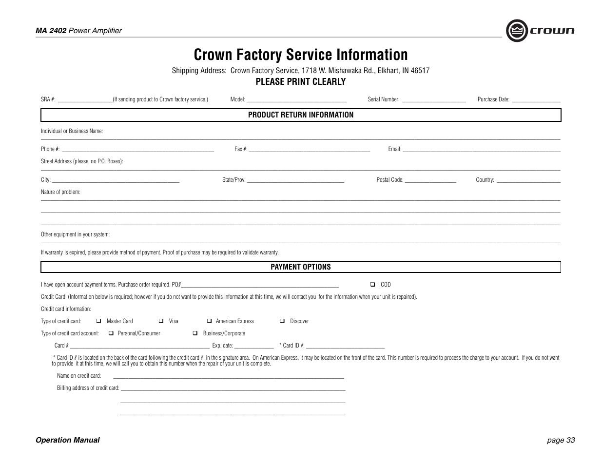 Crown factory service information, Please print clearly | Crown Audio MA-2402 User Manual | Page 33 / 36
