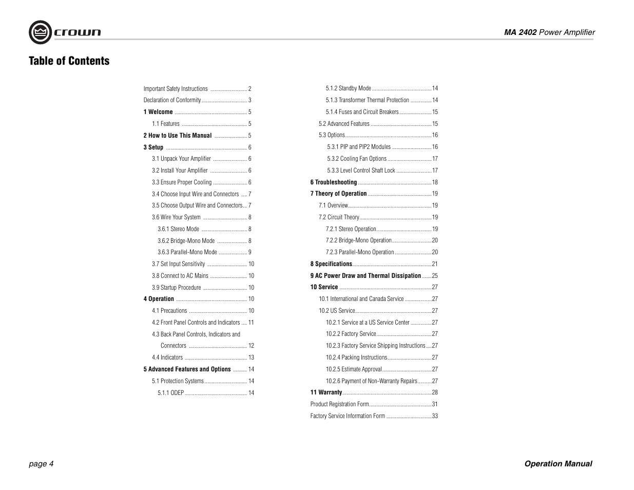 Crown Audio MA-2402 User Manual | Page 4 / 36