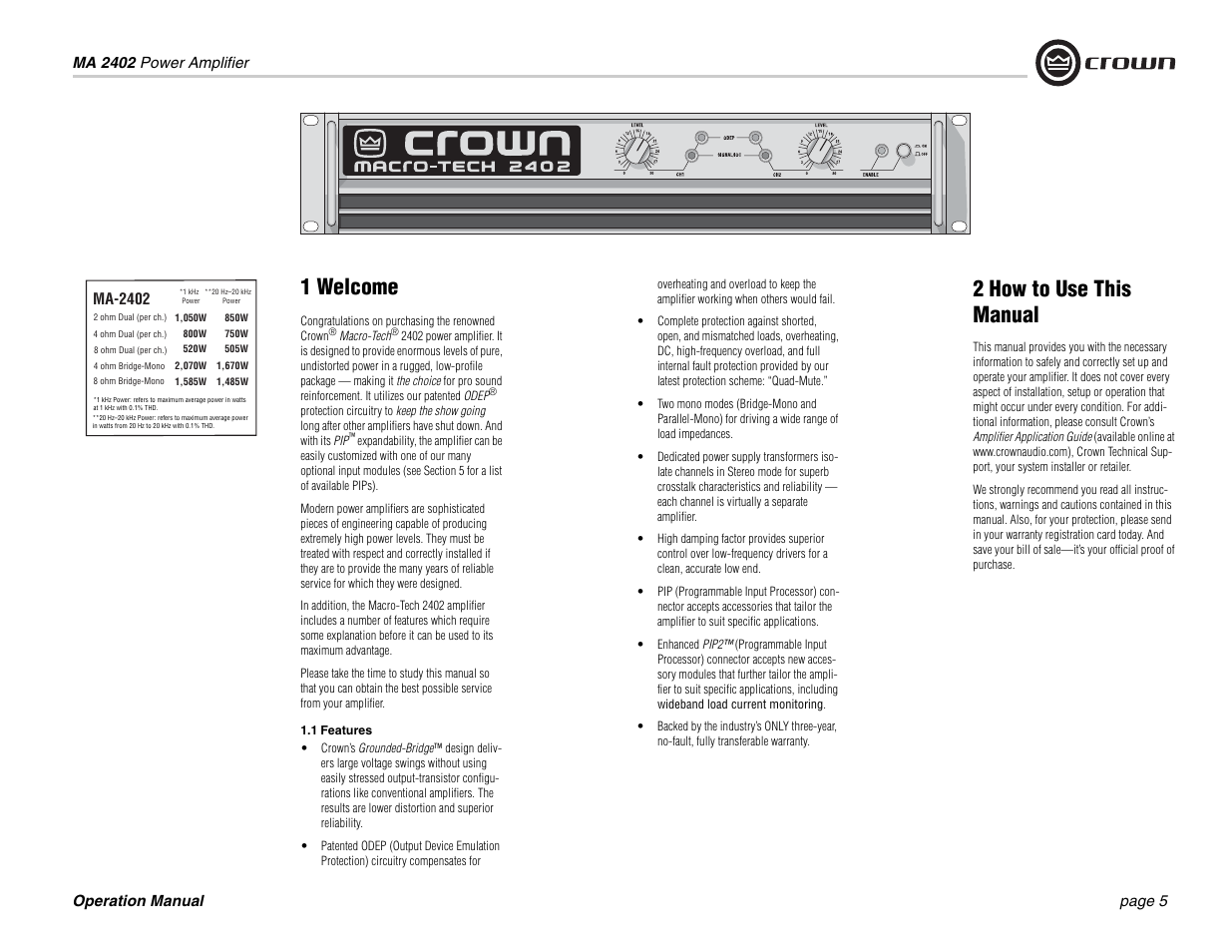 1 welcome, 2 how to use this manual, Ma-2402 | Crown Audio MA-2402 User Manual | Page 5 / 36
