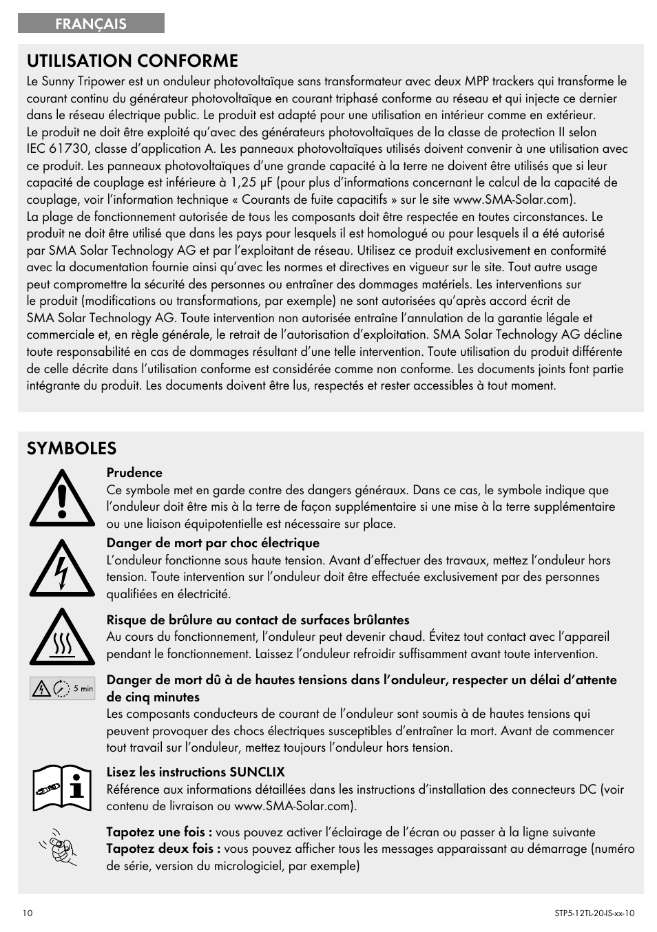 Utilisation conforme, Symboles | SMA STP 5000TL Quick Installation Guide User Manual | Page 10 / 28