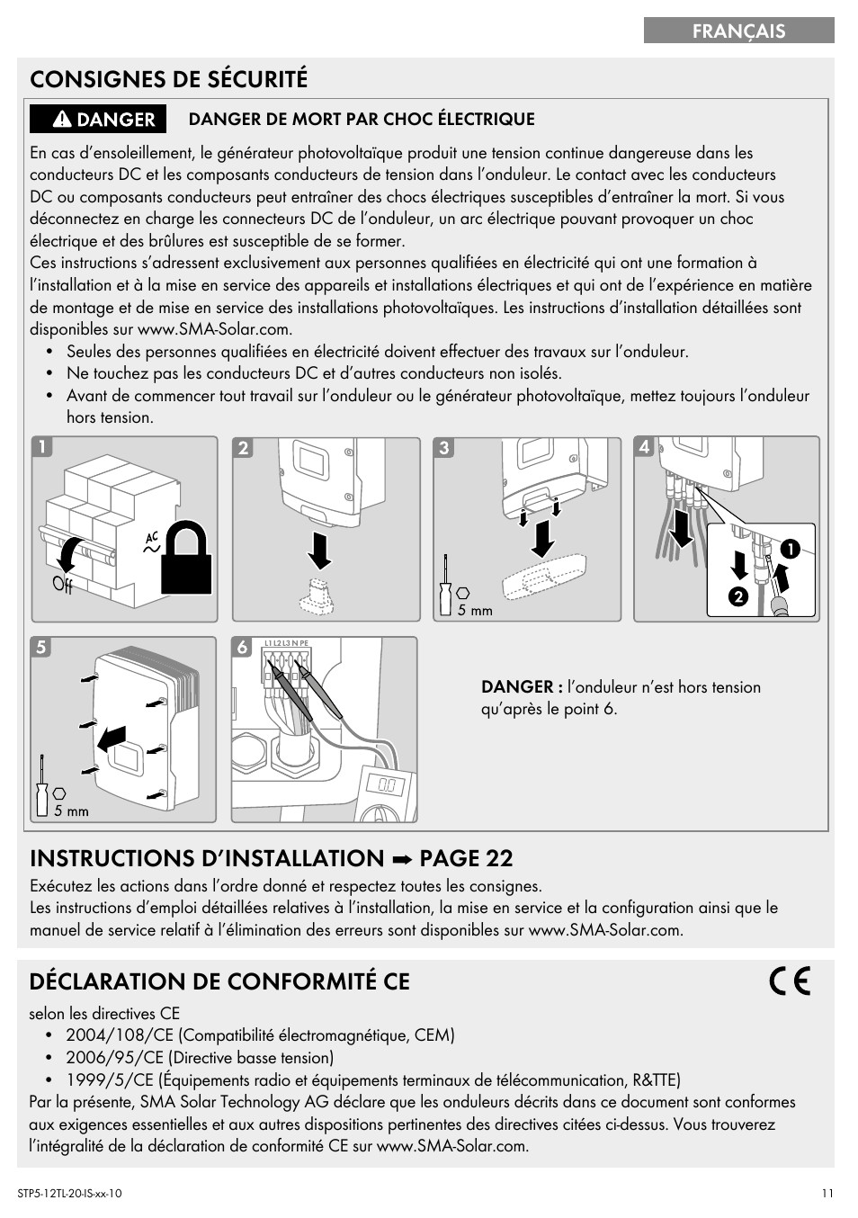 Consignes de sécurité, Instructions d’installation ➡ page 22, Déclaration de conformité ce | SMA STP 5000TL Quick Installation Guide User Manual | Page 11 / 28