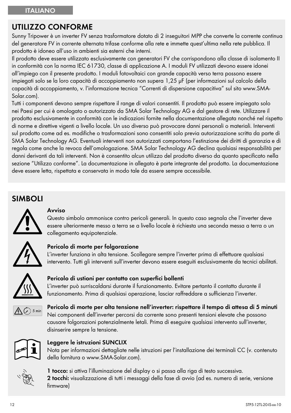 Utilizzo conforme, Simboli | SMA STP 5000TL Quick Installation Guide User Manual | Page 12 / 28