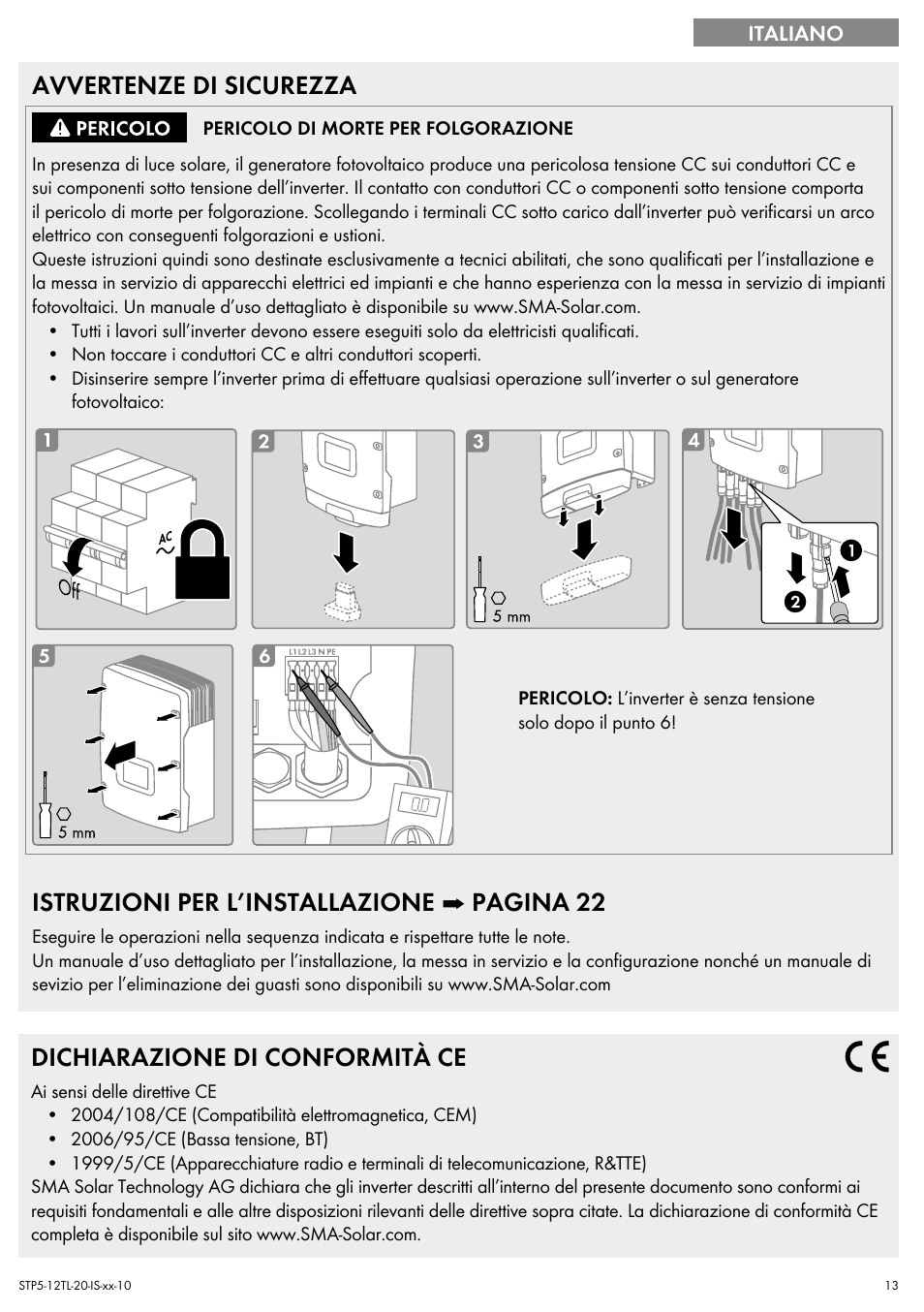 Avvertenze di sicurezza, Istruzioni per l’installazione ➡ pagina 22, Dichiarazione di conformità ce | SMA STP 5000TL Quick Installation Guide User Manual | Page 13 / 28