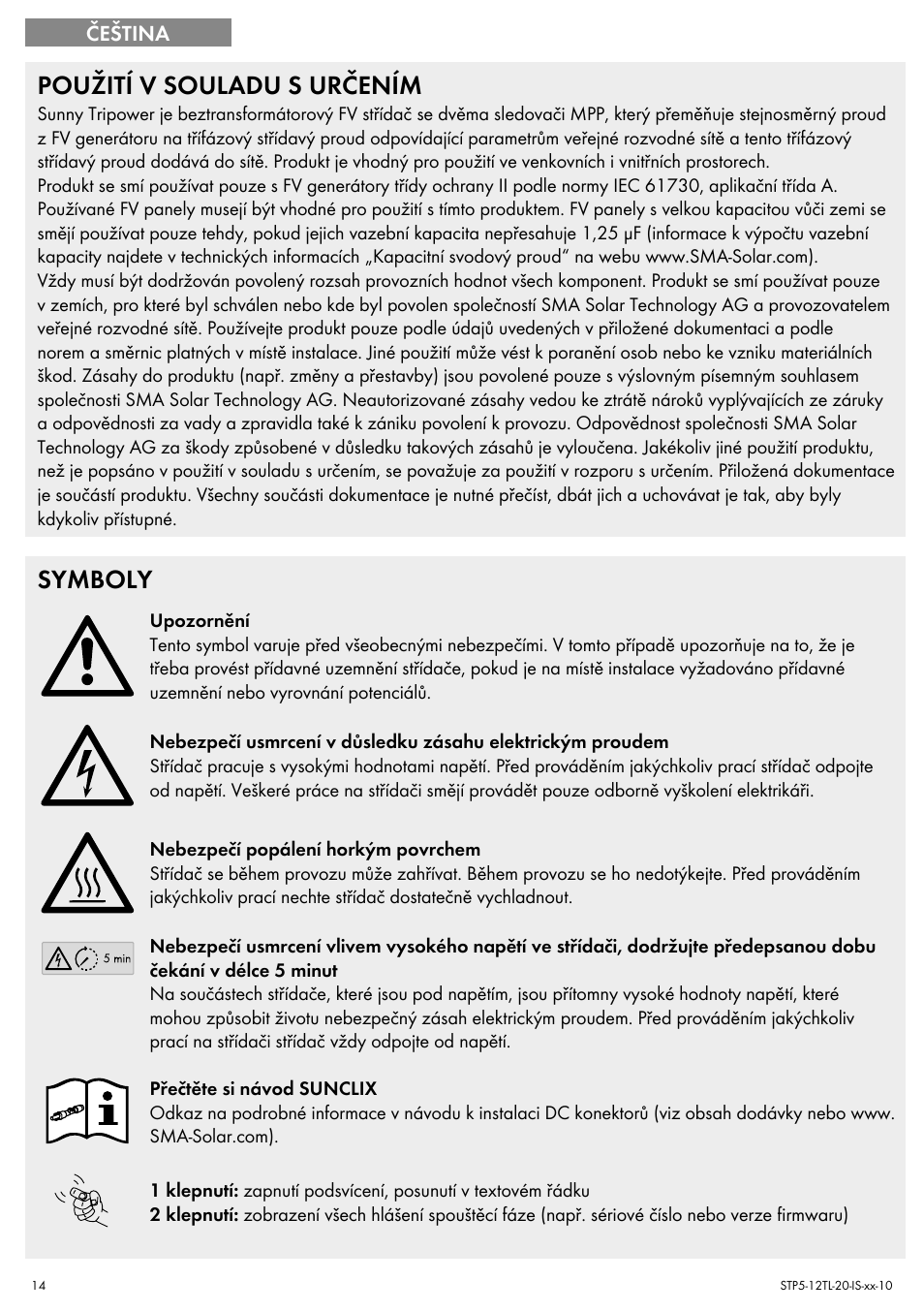 Použití v souladu s určením, Symboly | SMA STP 5000TL Quick Installation Guide User Manual | Page 14 / 28