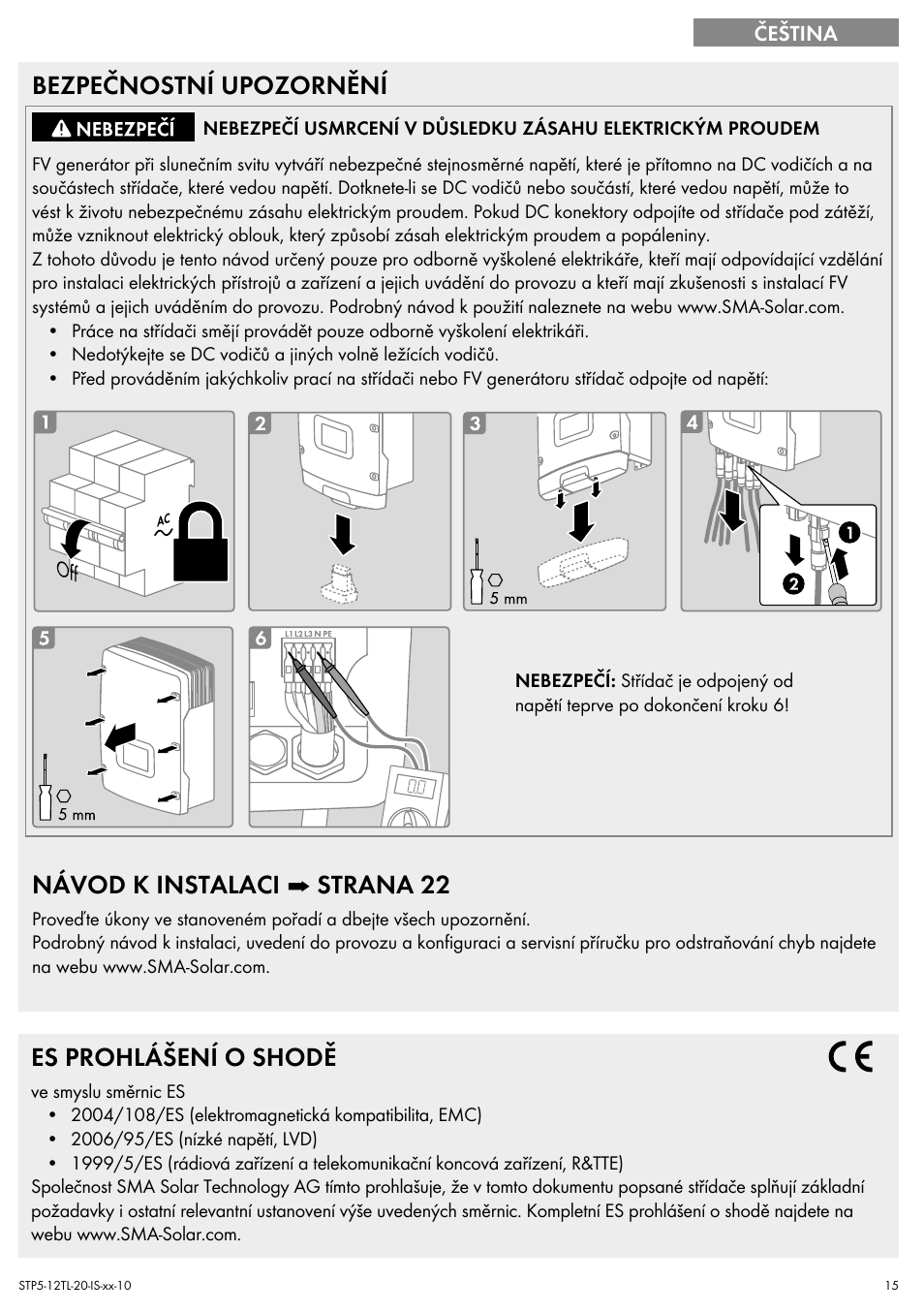 Bezpečnostní upozornění, Návod k instalaci ➡ strana 22, Es prohlášení o shodě | SMA STP 5000TL Quick Installation Guide User Manual | Page 15 / 28