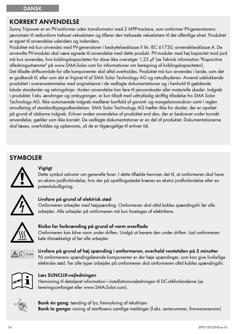 Korrekt anvendelse, Symboler | SMA STP 5000TL Quick Installation Guide User Manual | Page 16 / 28