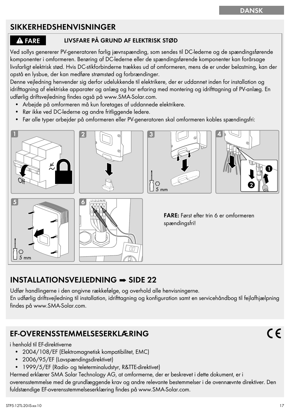 Sikkerhedshenvisninger, Installationsvejledning ➡ side 22, Ef-overensstemmelseserklæring | SMA STP 5000TL Quick Installation Guide User Manual | Page 17 / 28
