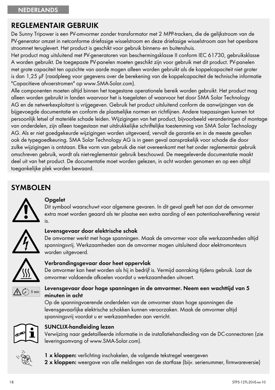 Reglementair gebruik, Symbolen | SMA STP 5000TL Quick Installation Guide User Manual | Page 18 / 28