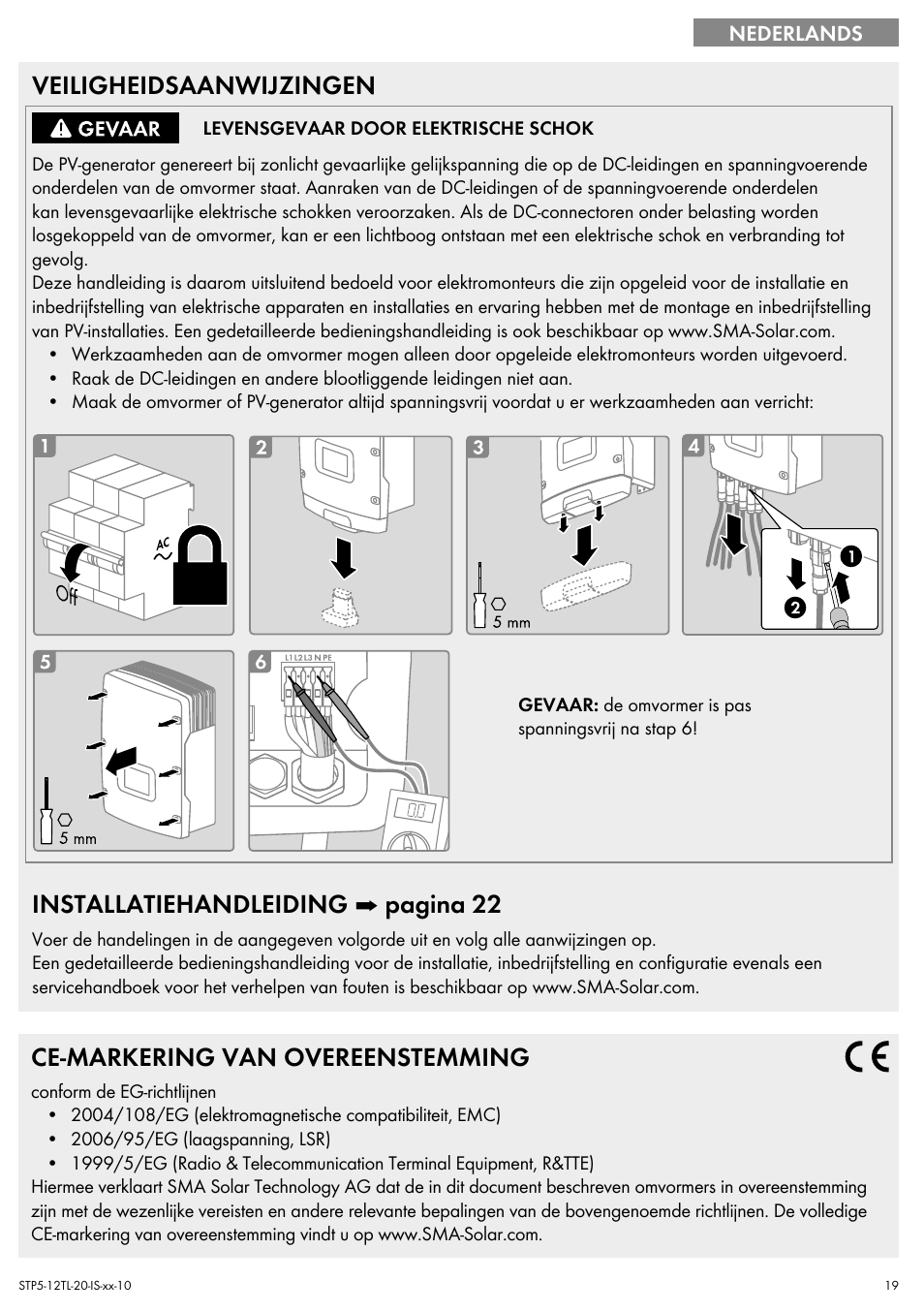 Veiligheidsaanwijzingen, Installatiehandleiding ➡ pagina 22, Ce-markering van overeenstemming | SMA STP 5000TL Quick Installation Guide User Manual | Page 19 / 28