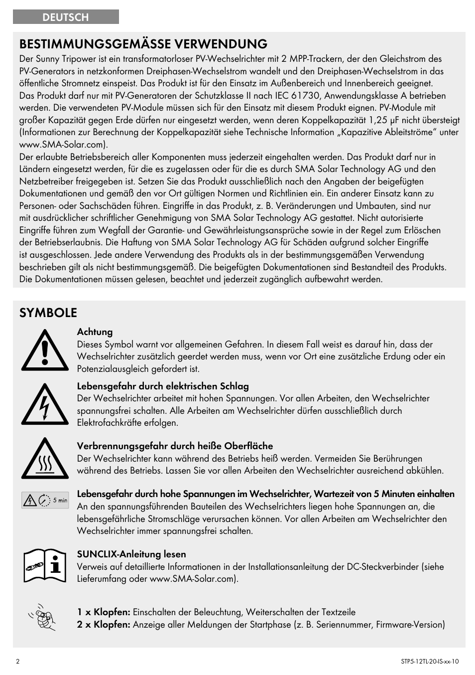 Bestimmungsgemässe verwendung, Symbole | SMA STP 5000TL Quick Installation Guide User Manual | Page 2 / 28