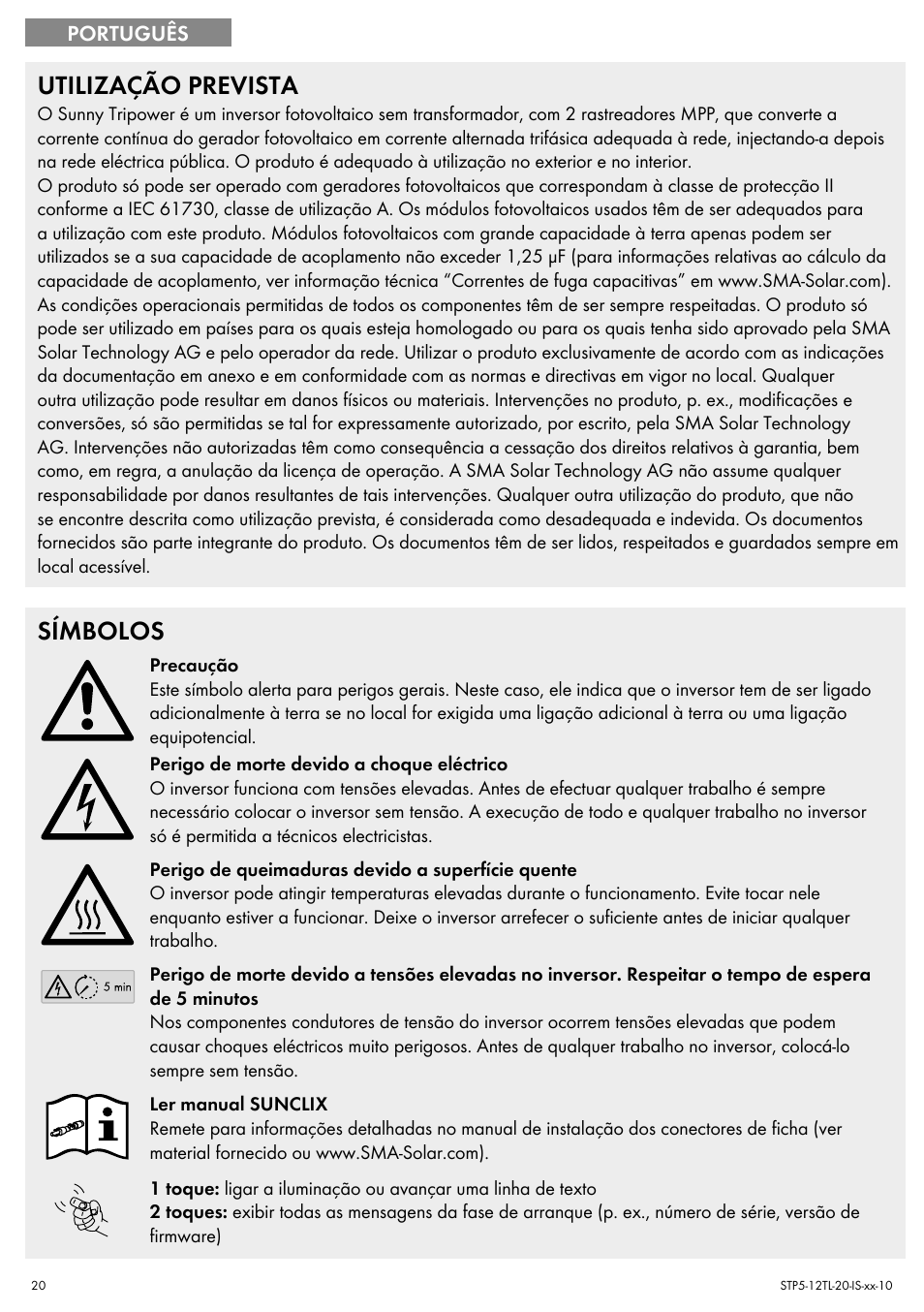 Utilização prevista, Símbolos | SMA STP 5000TL Quick Installation Guide User Manual | Page 20 / 28