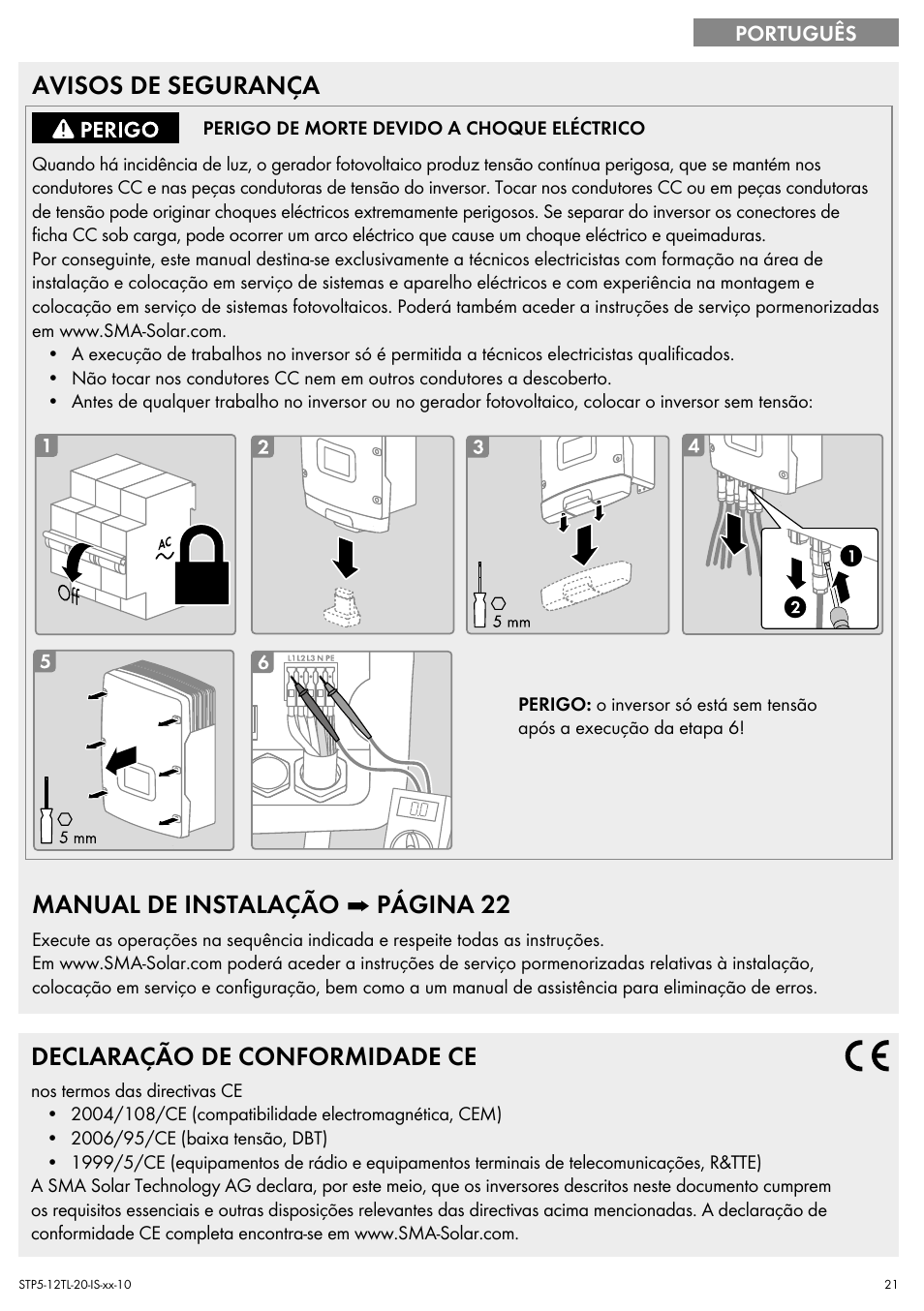 Avisos de segurança, Manual de instalação ➡ página 22, Declaração de conformidade ce | SMA STP 5000TL Quick Installation Guide User Manual | Page 21 / 28