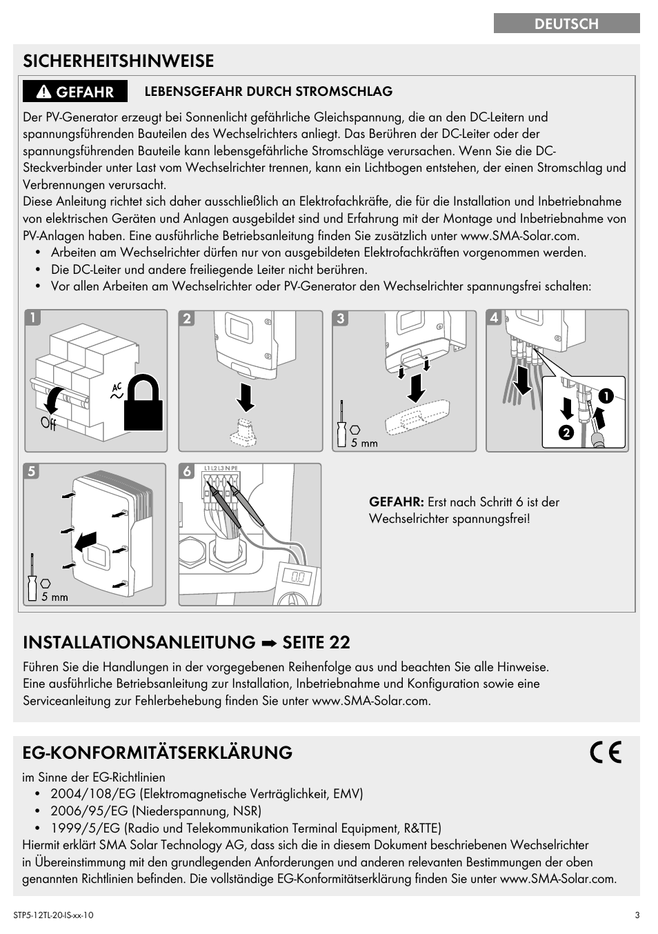 Sicherheitshinweise, Installationsanleitung ➡ seite 22, Eg-konformitätserklärung | SMA STP 5000TL Quick Installation Guide User Manual | Page 3 / 28