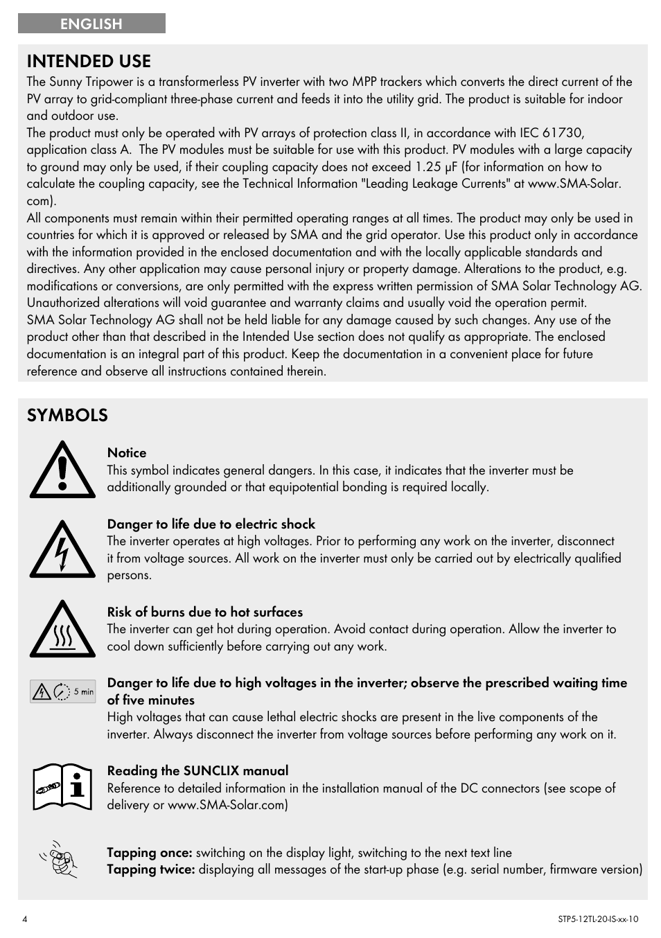 Intended use, Symbols | SMA STP 5000TL Quick Installation Guide User Manual | Page 4 / 28