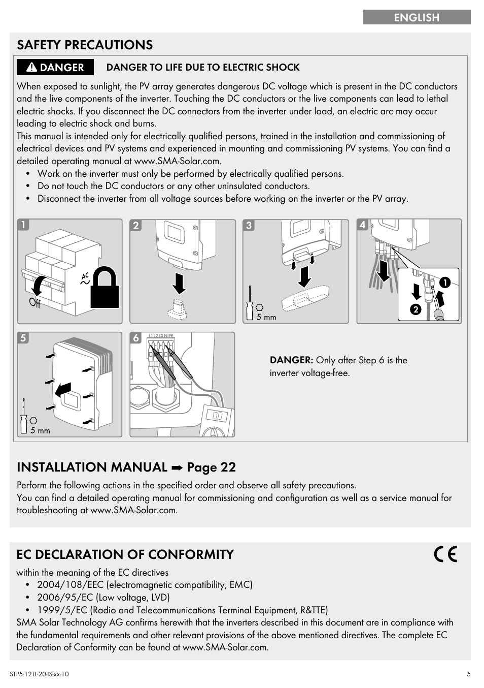 Safety precautions, Installation manual ➡ page 22, Ec declaration of conformity | SMA STP 5000TL Quick Installation Guide User Manual | Page 5 / 28