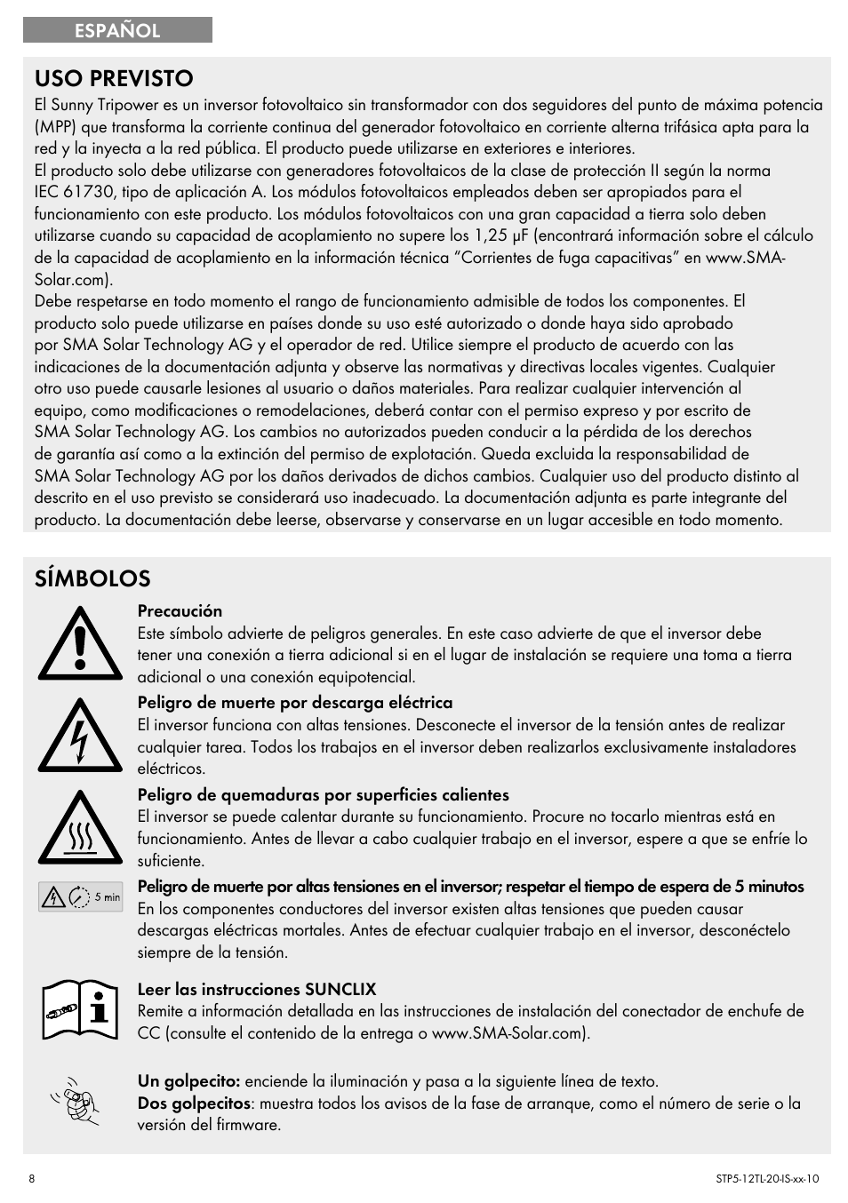 Uso previsto, Símbolos | SMA STP 5000TL Quick Installation Guide User Manual | Page 8 / 28