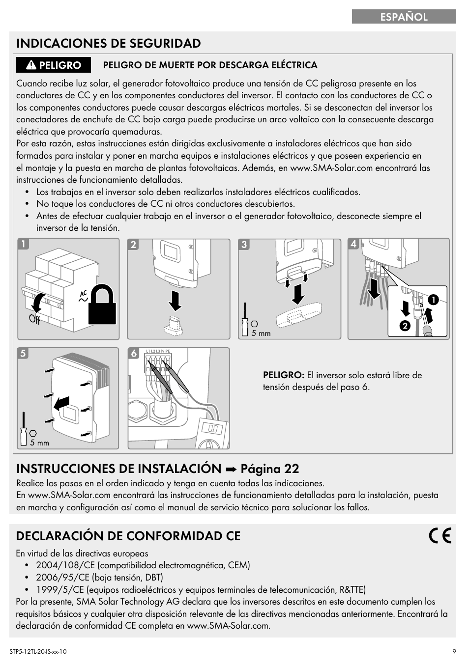 Indicaciones de seguridad, Instrucciones de instalación ➡ página 22, Declaración de conformidad ce | SMA STP 5000TL Quick Installation Guide User Manual | Page 9 / 28
