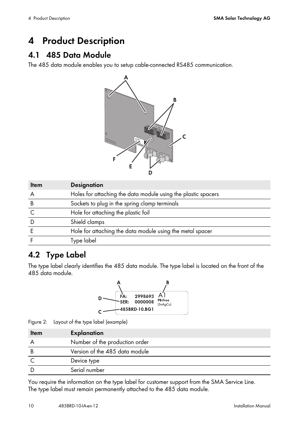 4 product description, 1 485 data module, 2 type label | 1 485 data module 4.2 type label | SMA 485 Data Module Type B User Manual | Page 10 / 24