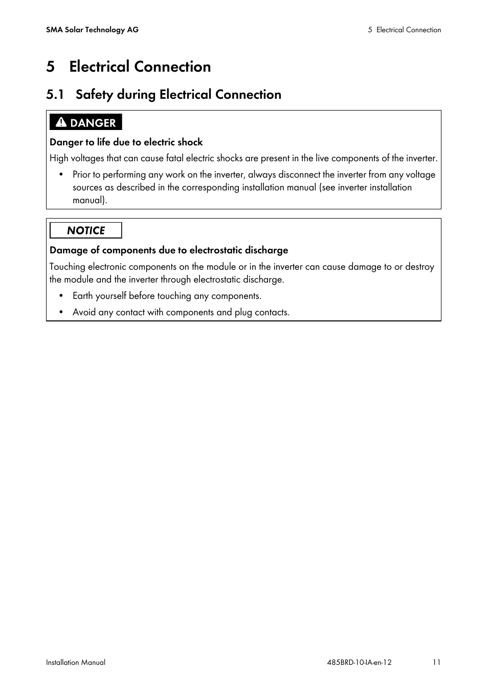 5 electrical connection, 1 safety during electrical connection | SMA 485 Data Module Type B User Manual | Page 11 / 24