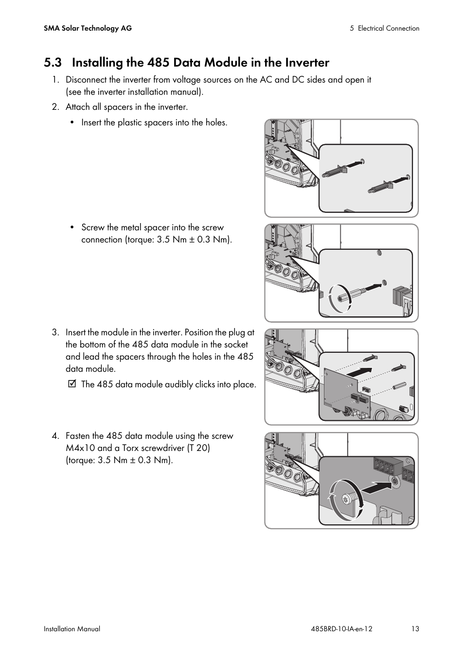 3 installing the 485 data module in the inverter | SMA 485 Data Module Type B User Manual | Page 13 / 24