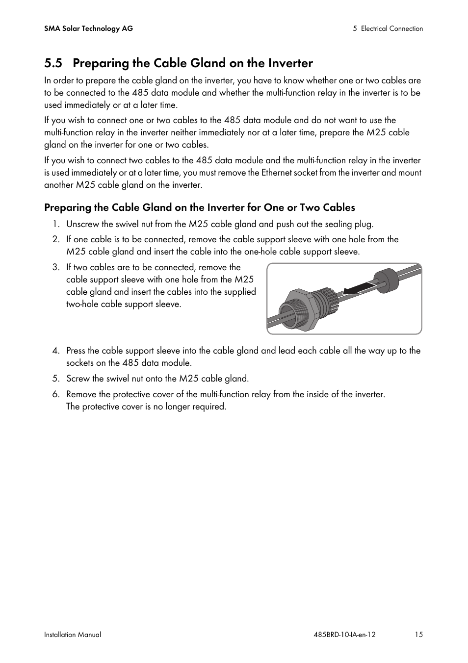 5 preparing the cable gland on the inverter | SMA 485 Data Module Type B User Manual | Page 15 / 24