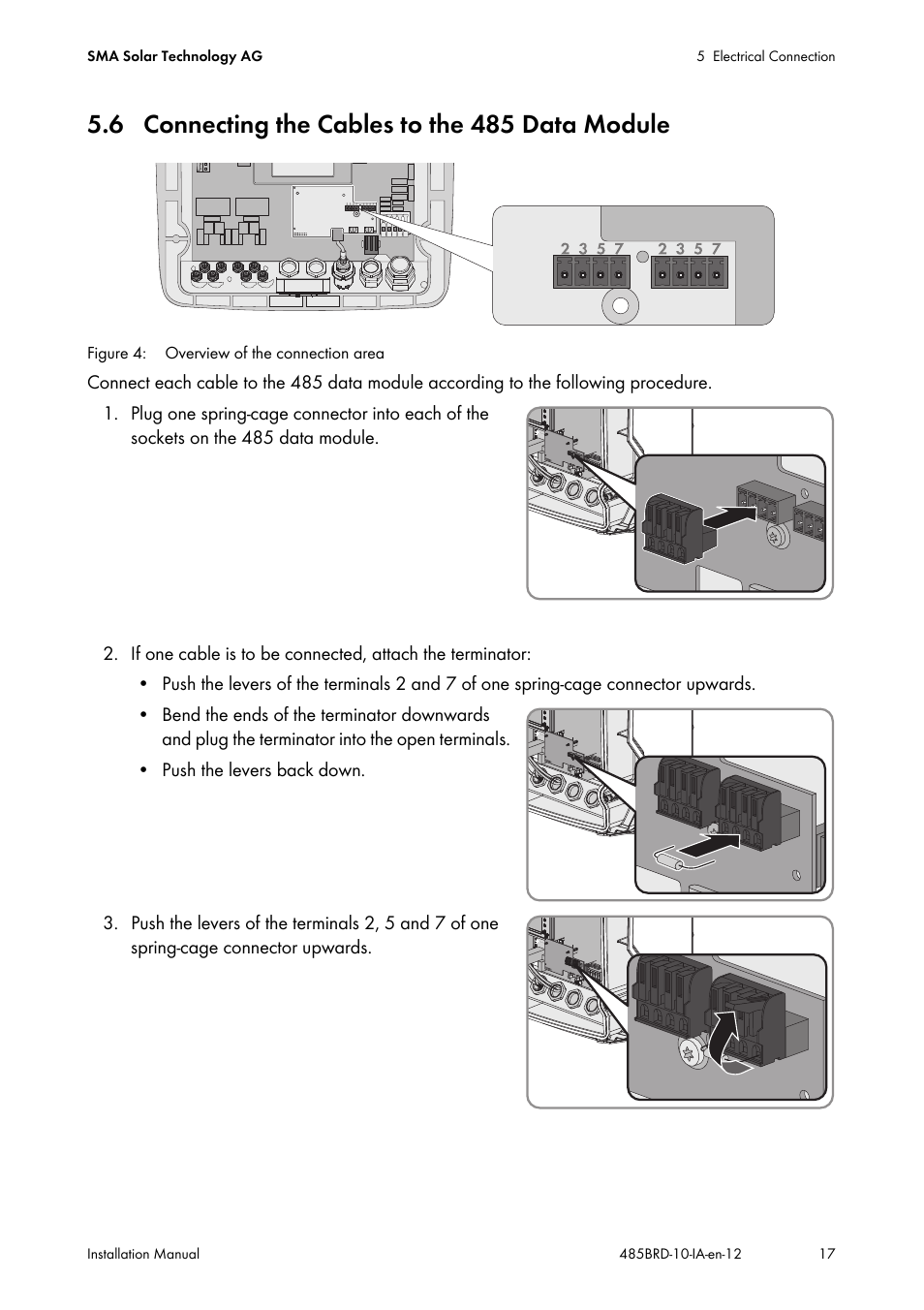 6 connecting the cables to the 485 data module | SMA 485 Data Module Type B User Manual | Page 17 / 24