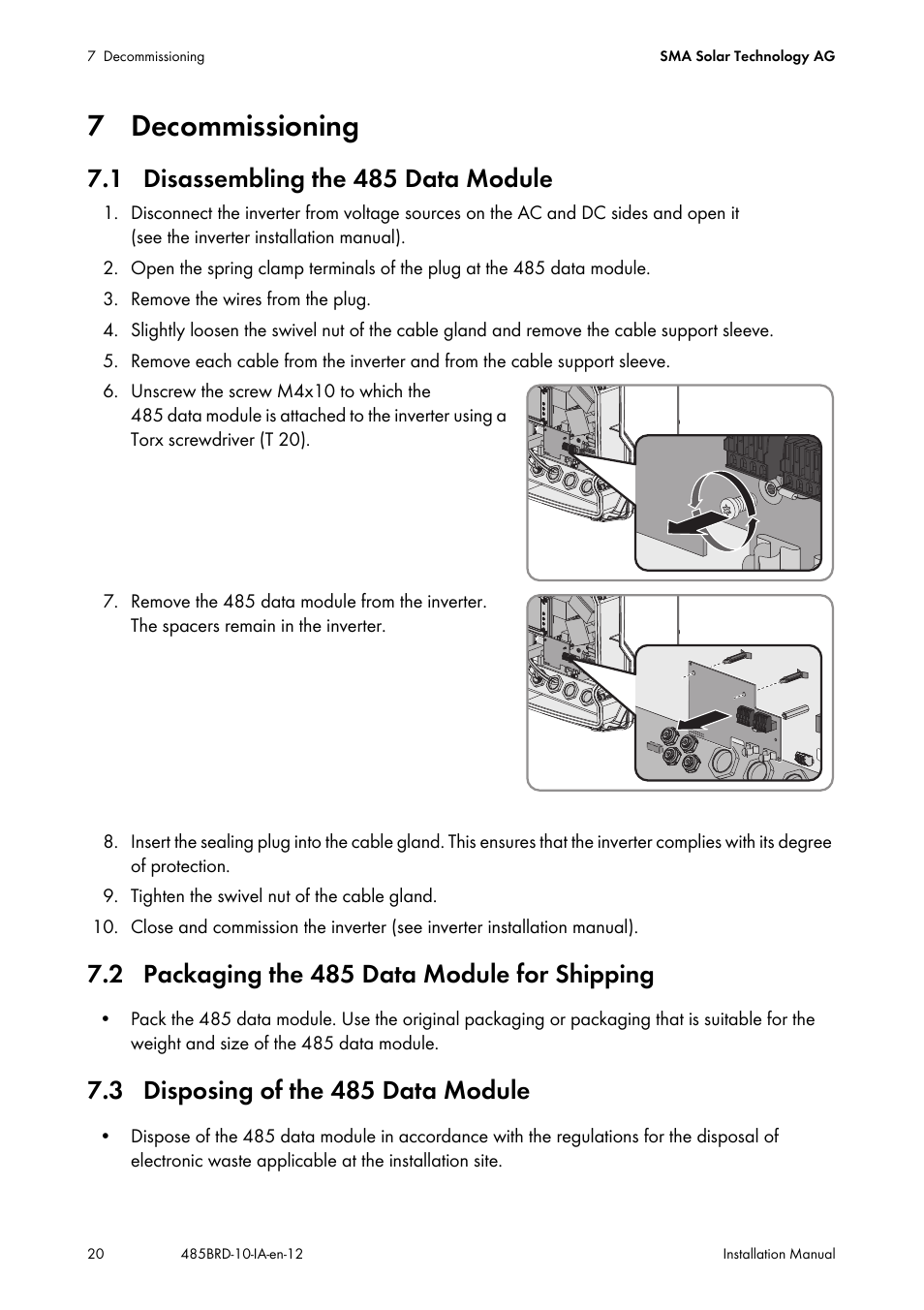 7 decommissioning, 1 disassembling the 485 data module, 2 packaging the 485 data module for shipping | 3 disposing of the 485 data module | SMA 485 Data Module Type B User Manual | Page 20 / 24