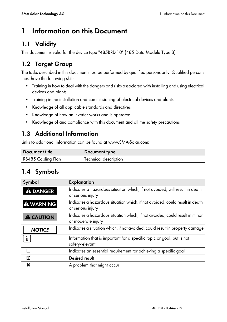 1 information on this document, 1 validity, 2 target group | 3 additional information, 4 symbols | SMA 485 Data Module Type B User Manual | Page 5 / 24