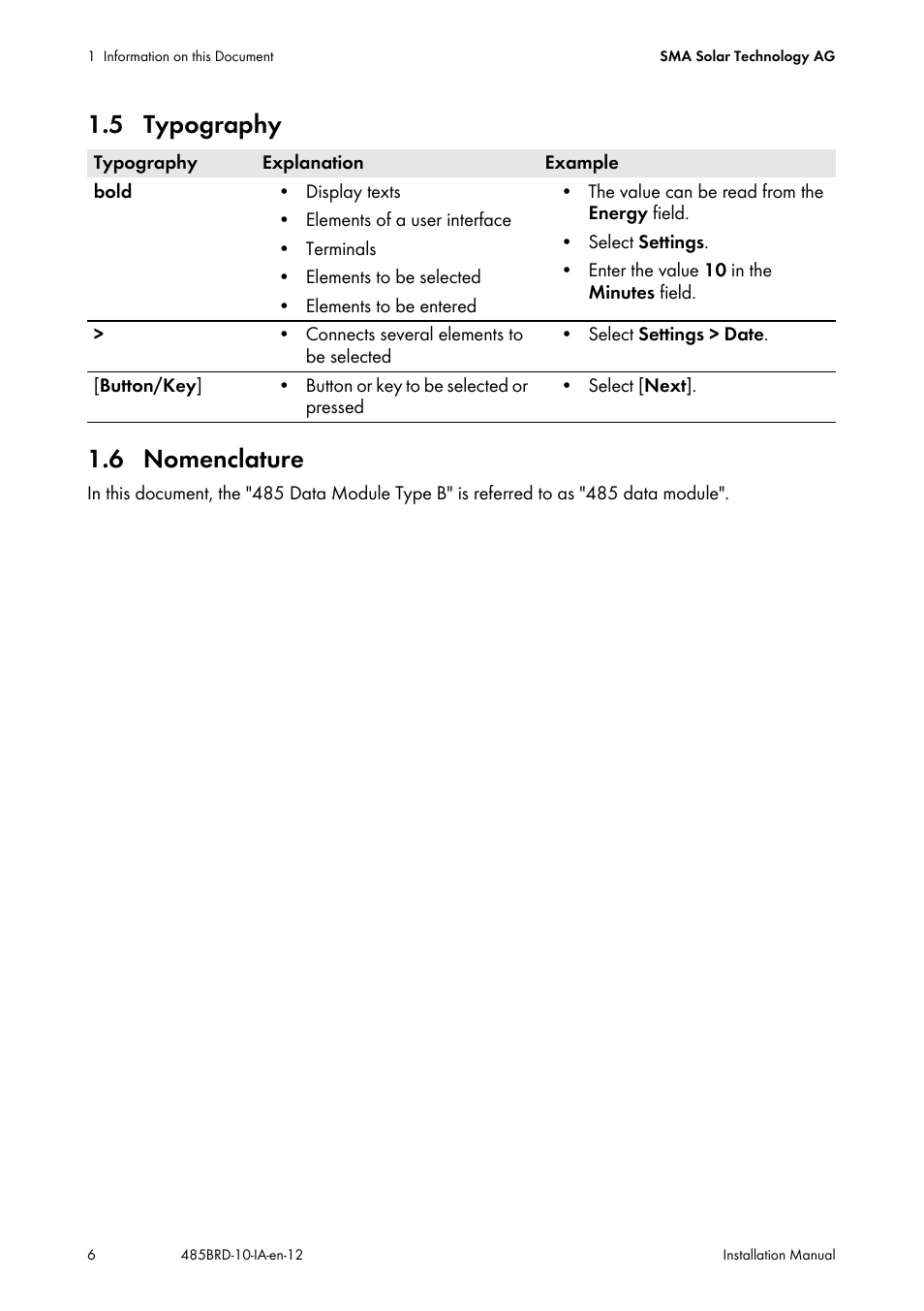 5 typography, 6 nomenclature, 5 typography 1.6 nomenclature | SMA 485 Data Module Type B User Manual | Page 6 / 24