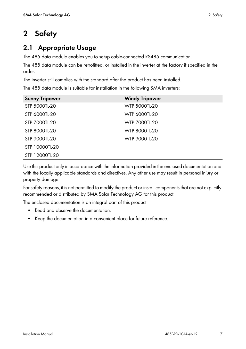 2 safety, 1 appropriate usage | SMA 485 Data Module Type B User Manual | Page 7 / 24