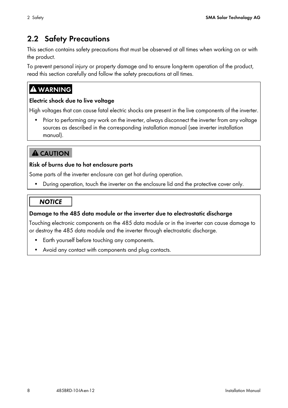 2 safety precautions | SMA 485 Data Module Type B User Manual | Page 8 / 24