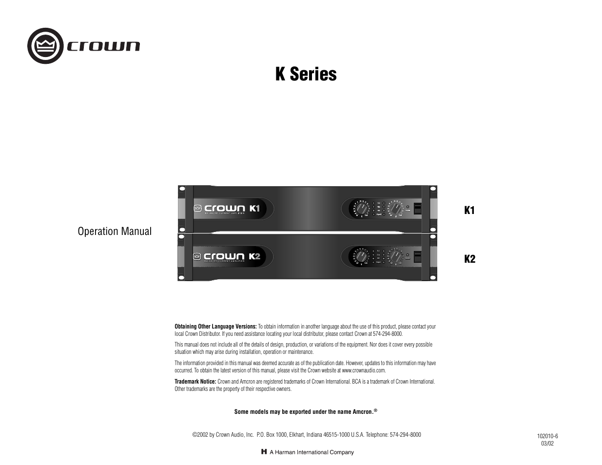 Crown Audio CROWN K Series User Manual | 20 pages