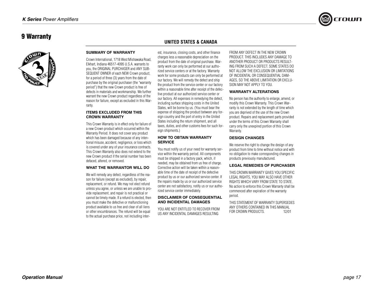 9 warranty | Crown Audio CROWN K Series User Manual | Page 17 / 20