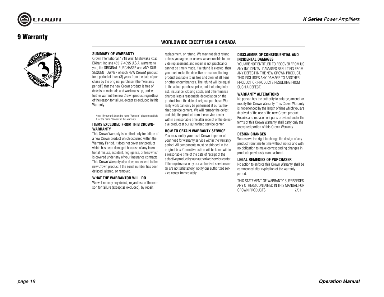 9 warranty | Crown Audio CROWN K Series User Manual | Page 18 / 20