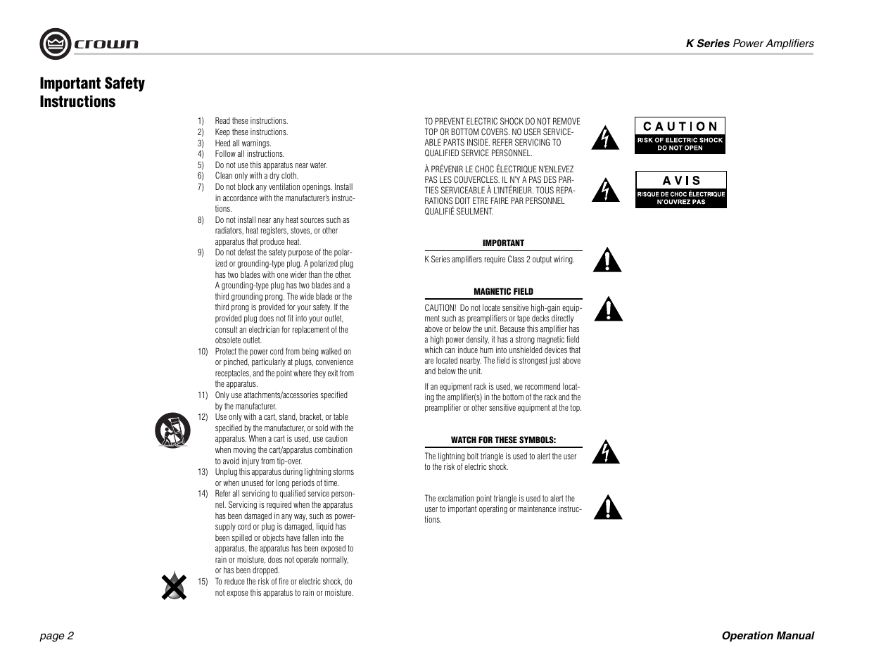 Important safety instructions | Crown Audio CROWN K Series User Manual | Page 2 / 20