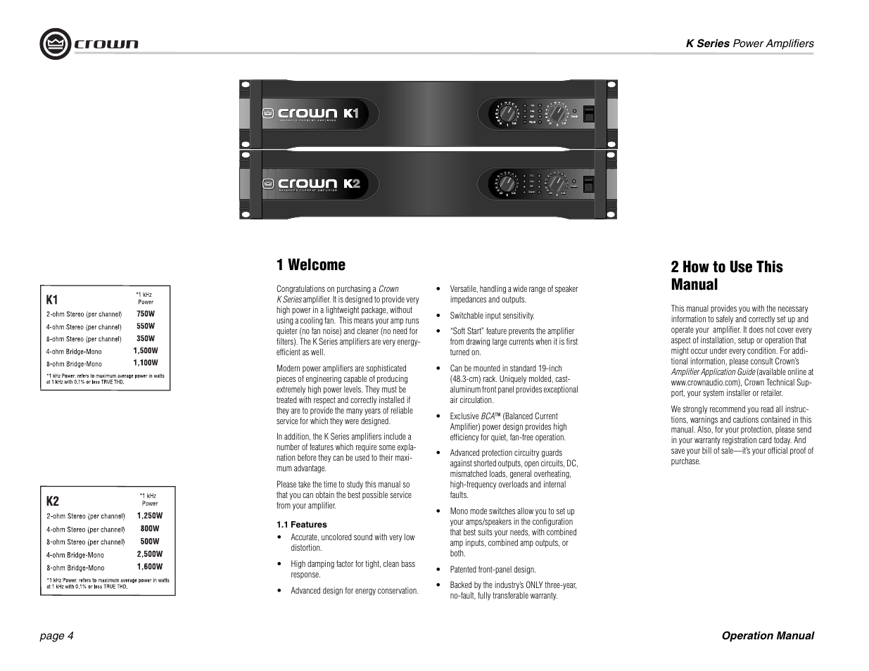 1 welcome, 2 how to use this manual, K series power amplifiers page 4 operation manual | Crown Audio CROWN K Series User Manual | Page 4 / 20