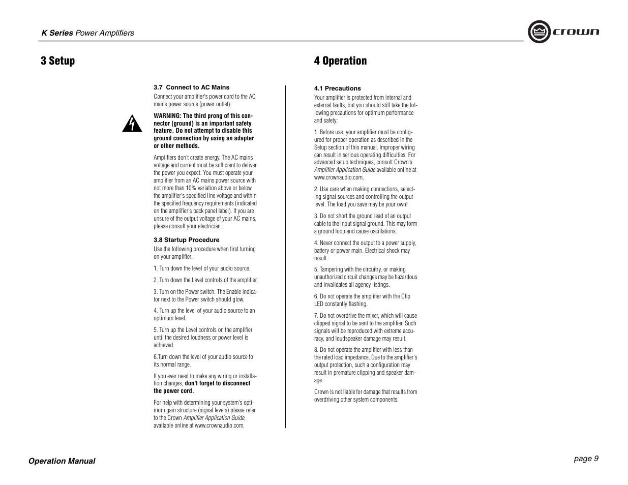 3 setup 4 operation | Crown Audio CROWN K Series User Manual | Page 9 / 20