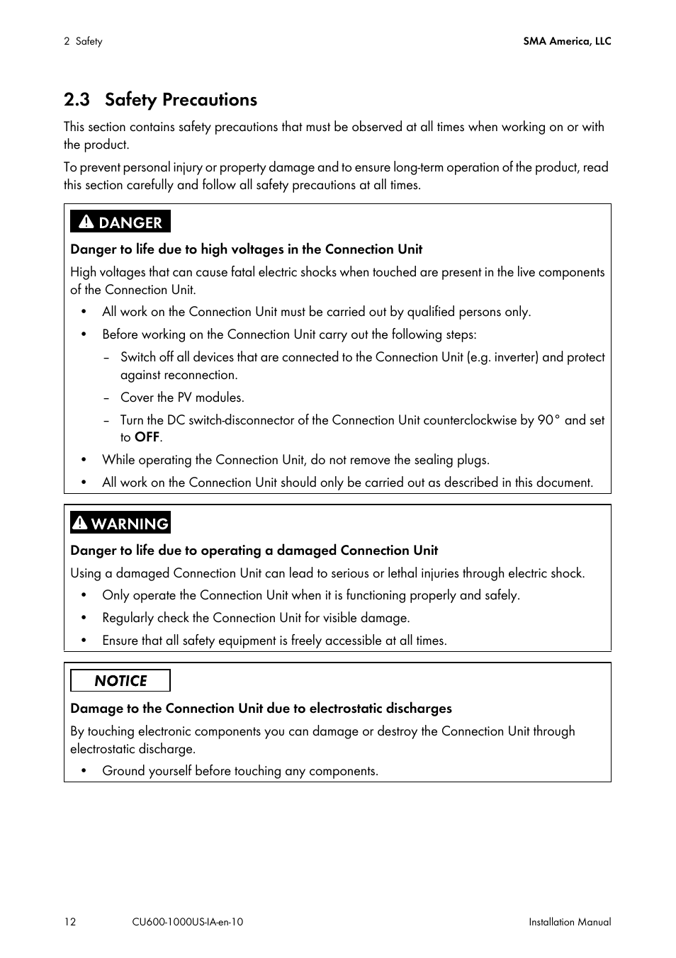 3 safety precautions | SMA 600-US User Manual | Page 12 / 52
