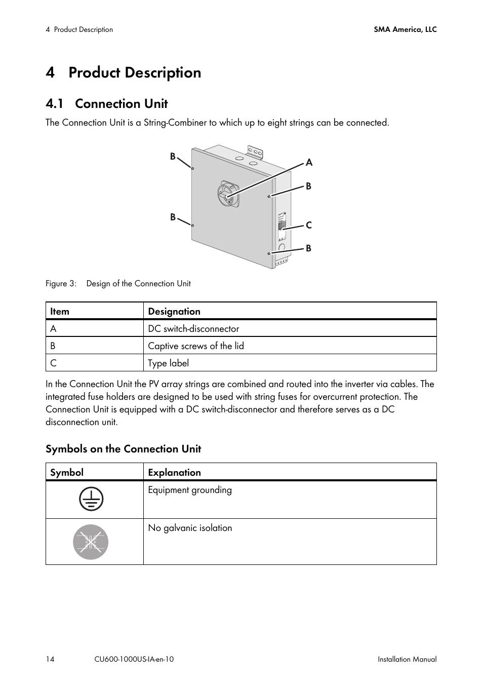 4 product description, 1 connection unit | SMA 600-US User Manual | Page 14 / 52