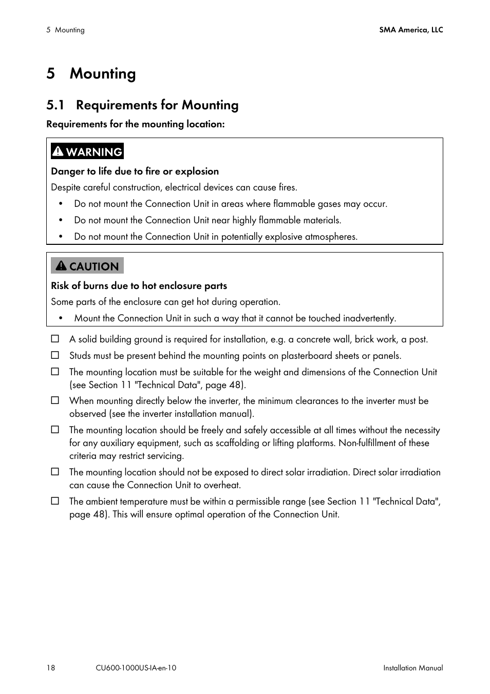 5 mounting, 1 requirements for mounting | SMA 600-US User Manual | Page 18 / 52