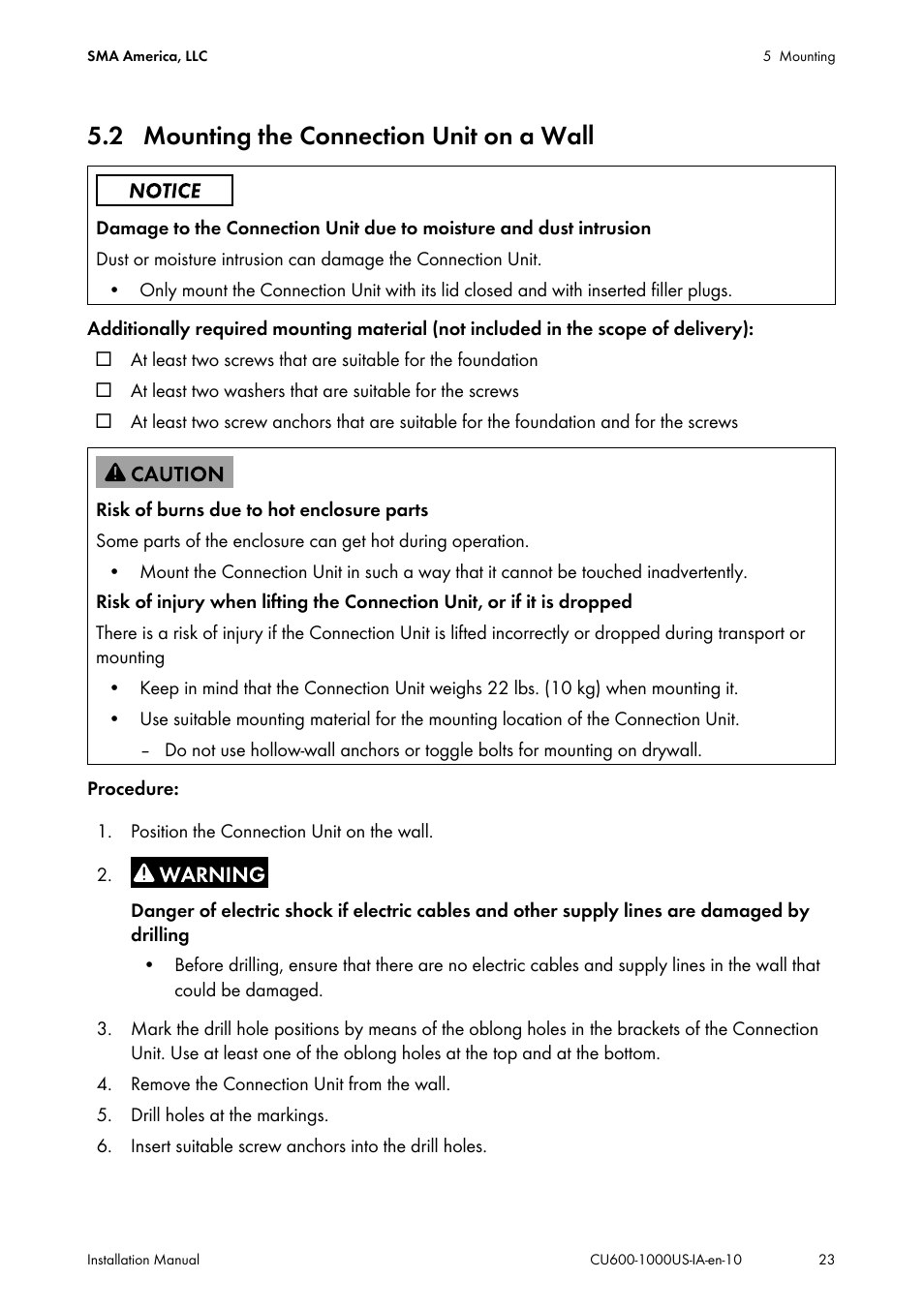 2 mounting the connection unit on a wall | SMA 600-US User Manual | Page 23 / 52