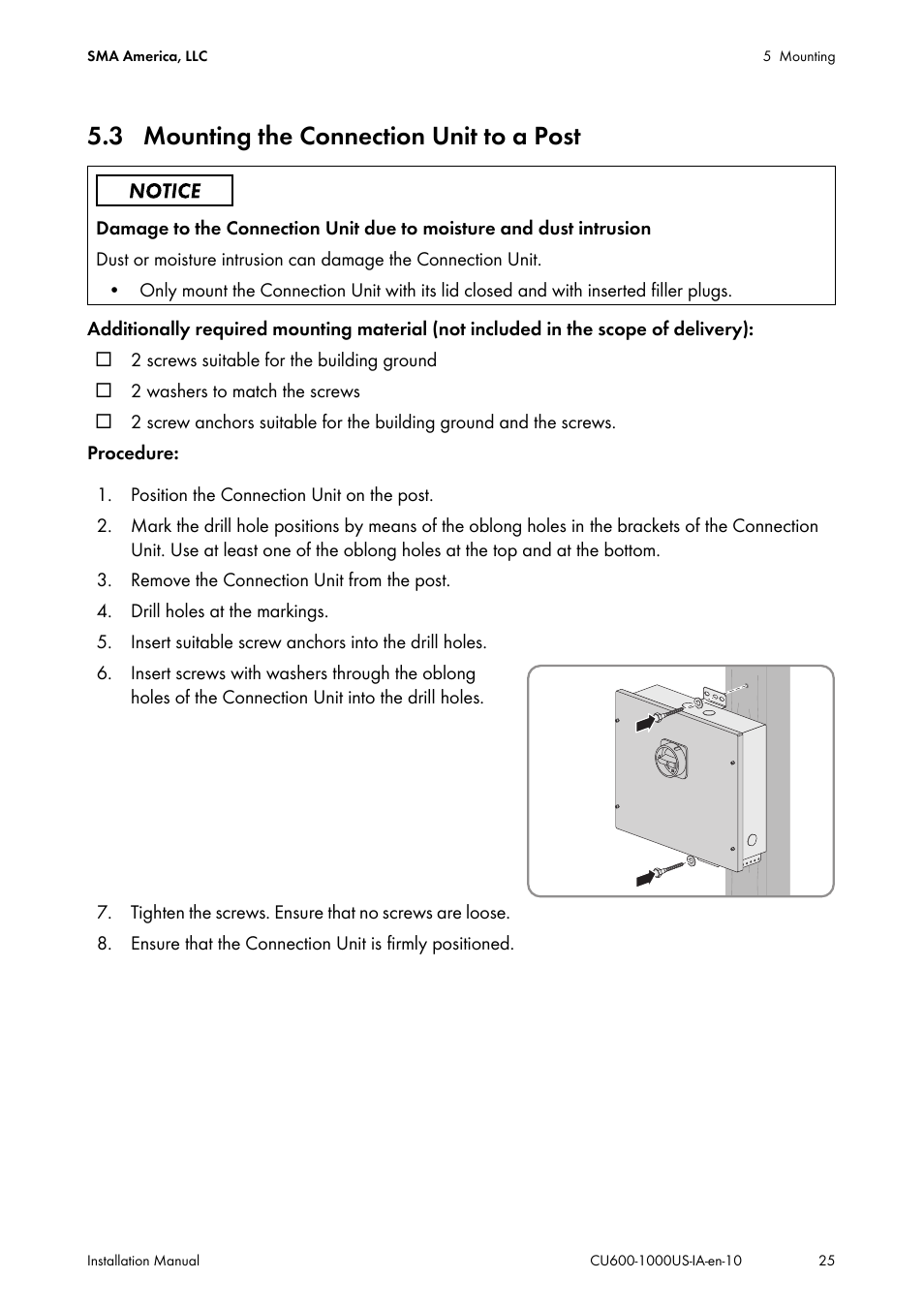 3 mounting the connection unit to a post | SMA 600-US User Manual | Page 25 / 52