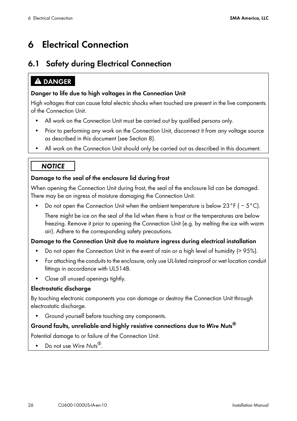 6 electrical connection, 1 safety during electrical connection | SMA 600-US User Manual | Page 26 / 52