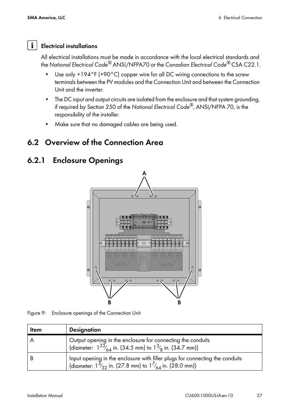 2 overview of the connection area, 1 enclosure openings | SMA 600-US User Manual | Page 27 / 52