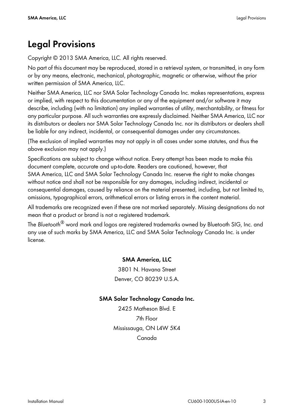 Legal provisions | SMA 600-US User Manual | Page 3 / 52