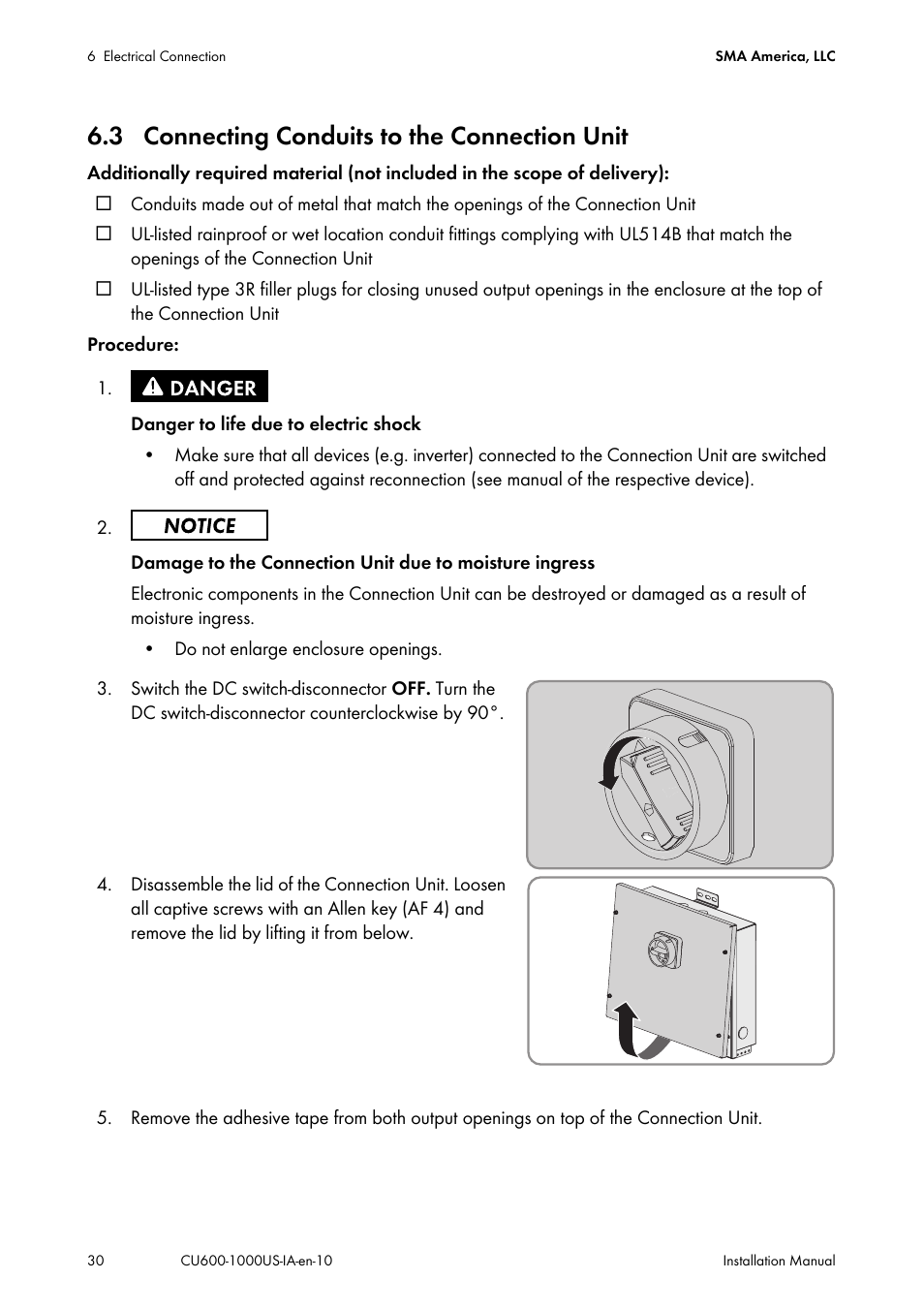 3 connecting conduits to the connection unit | SMA 600-US User Manual | Page 30 / 52