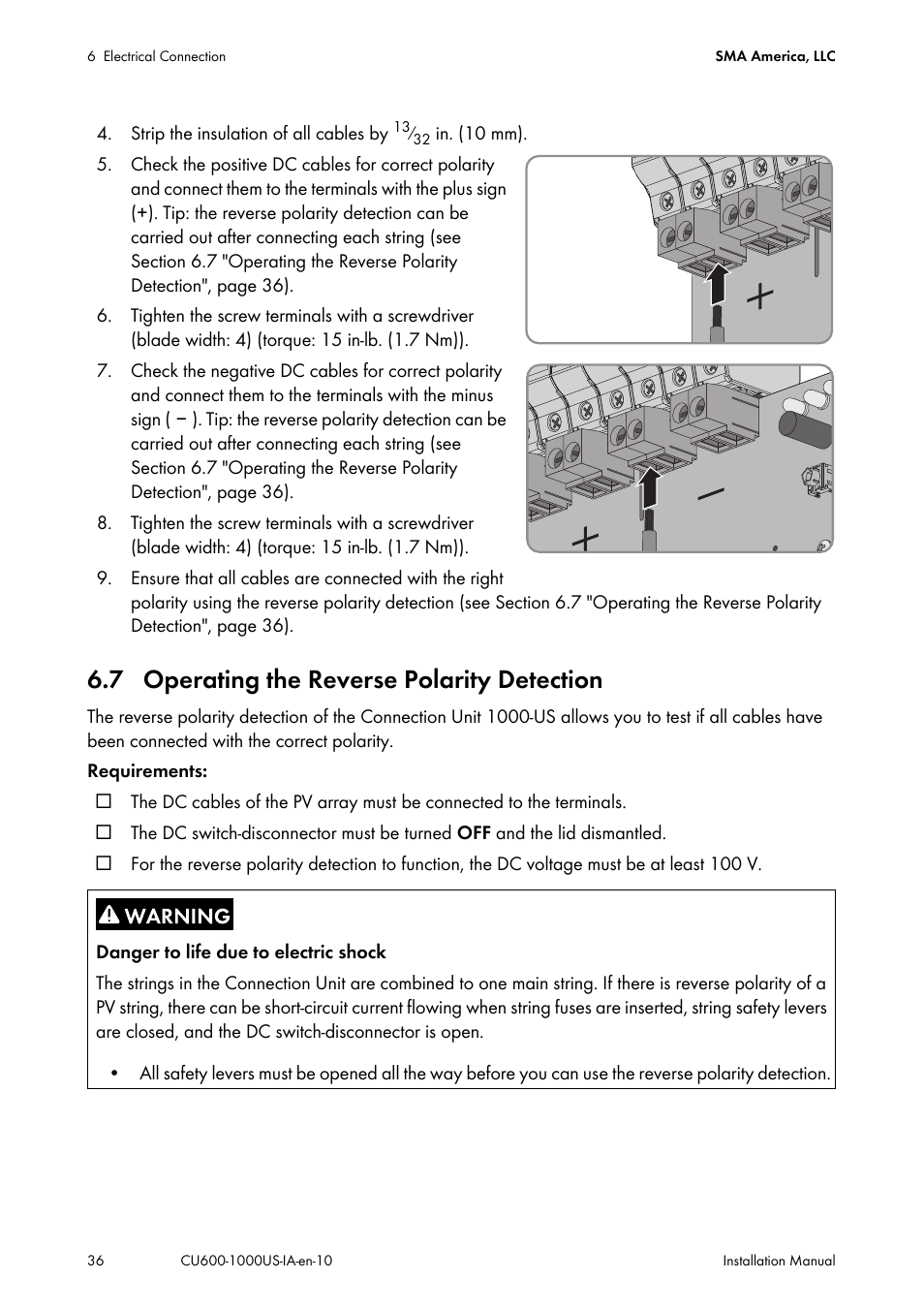 7 operating the reverse polarity detection | SMA 600-US User Manual | Page 36 / 52